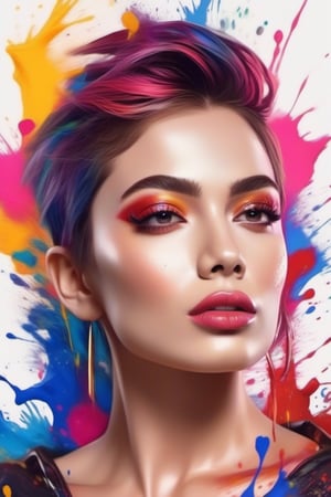 (Splash ART in artwork paint), lots of color, beautiful woman's head, makeup, lipstick, short hair, super detailed, 8k wallpaper.