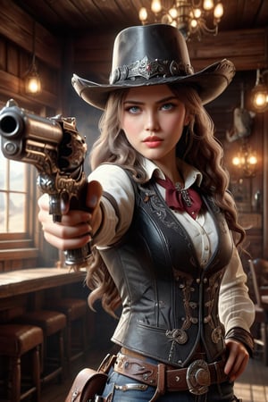 (top quality)), ((masterpiece)), full body portrait of a young cowgirl with long wavy hair, big breasts, cowboy hat, leather vest, old west saloon, intricate details, highly detailed eyes, highly detailed mouth, cinematic image, illuminated by soft light,photo of perfecteyes ,holding gun, with a gun in her hand, shoot with gun, gun,girl, dual pistols
