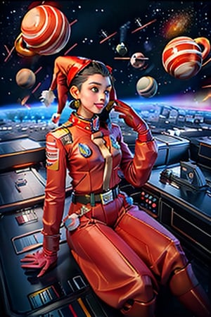 beautiful young woman wearing red santa clothes, reclining in the pilot seat of a spaceship, looking out the cockpit window to a colorful space scene of planets, moons, vibrant nebulae and stars of various sizes, perfectly spherical planets,Young beauty spirit 