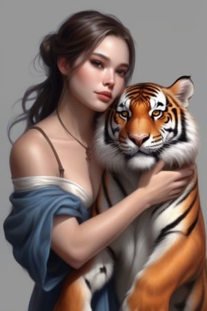 There is a woman holding a tiger man in her arms, Graphic artist Magali Villeneuve, Magali Villeneuve», inspirado em Magali Villeneuve, arte de fantasia hiperrealista, airbrush digital oil painting, Artgerm e Ruan Jia, pintura de fantasia realista, Amano e Karol Bak, arte de fantasia digital ), Ruan Jia e Artgerm