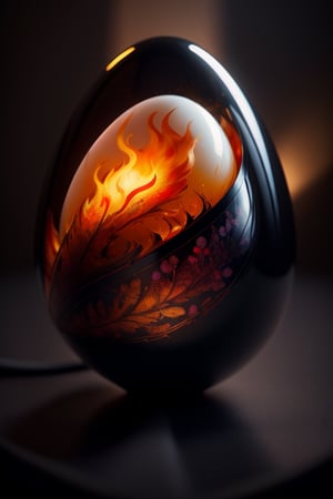 masterpiece , realistic,, one fire flame inside a translucent egg, full body ,stunning beauty, hyper-realistic oil painting, vibrant colors, dark chiarascuro lighting, a telephoto shot, 1000mm lens, f2,8,Vogue,more detail XL, ,easter