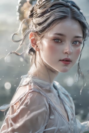 (8K, Highest quality, masterpiece:1.2),(Highest quality:1.0), (Ultra-high resolution:1.0), watercolor, Beautiful girl, Beautiful face, open shoulder,  Hair Ribbon, Agnes,   Half Body Portrait, Very bright and luminous design, pastel colour, (ink:1.3), Autumn Light, blur background, bokeh, 