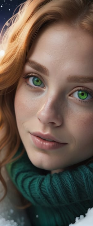 (Extreme Close up portrait:1.3), (from above:1.1). an ultra hot gorgeous European woman, age 23, she’s a playmate, men magazine model. She has round little cheeks. Flirts with camera, subtle smile. (Ginger wavy hair. Green eyes:1.2) (she’s standing in a snowy village at night:1.4). Loose wool sweater.Perfect anatomy, perfect hair, perfect breast, perfect body, perfect hands, perfect face, UHD, retina, masterpiece, accurate, anatomically correct, textured skin. Winter starry night, northern lights