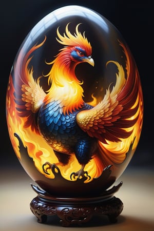 masterpiece , realistic,, one chinese fire phoenix inside a translucent egg, full body ,stunning beauty, hyper-realistic oil painting, vibrant colors, dark chiarascuro lighting, a telephoto shot, 1000mm lens, f2,8,Vogue,more detail XL, 