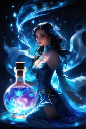 A photorealistic magic potion, blue, glowing, masterpiece, highly detailed, at uper bottle one beautiful lady sitting.