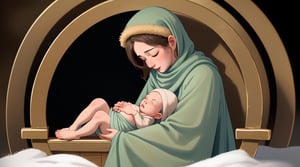 an image of baby Jesus with closed eyes, just born in a humble manger amidst the cold. Describe the scene with simplicity, focusing on the serene depiction of the newborn in the modest and chilly surroundings.