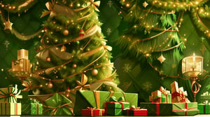 green wallpaper with gifts under a sumptuous Christmas tree at the left edge 