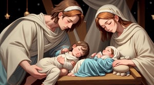 Imagine a serene scene at the humble manger, with baby Jesus lying peacefully, his eyes closed. Surrounding him are warm hues, gentle light, and a tranquil atmosphere, capturing the essence of the nativity scene. Cold winter