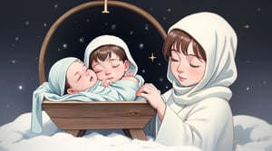 an image of baby Jesus with closed eyes, just born in a humble manger amidst the cold. Describe the scene with simplicity, focusing on the serene depiction of the newborn in the modest and chilly surroundings.