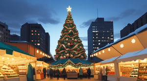 Light blue luminous sky, winter, Christmas decorations and markets, empty in the middle, daytime, one single small Christmas tree