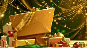  a rich gold backdrop, featuring a collection of small beautifully wrapped Christmas gifts arranged at the base, low, do not exceed half picture. On the left side of the gold wallpaper, position a gracefully adorned green Christmas tree, leaving ample space.