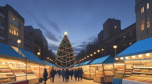 spacious and wide light blue luminous sky, winter with Christmas mood and small markets, empty in the middle, daytime