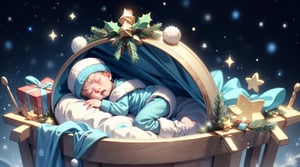 little newborn baby boy sleeping in a small manger, winter. Christmas decorations aside