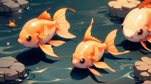 small single bright orange goldfish in the shadow dark sea