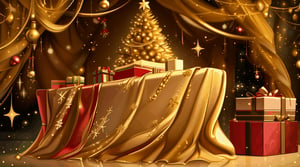 Create a festive scene with a rich gold backdrop, featuring a collection of beautifully wrapped Christmas gifts arranged at the base of a luxurious gold wallpaper. On the left side, position a gracefully adorned Christmas tree, leaving ample space for your lyrical masterpiece to unfold.