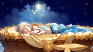 Baby sleeping in a manger, winter