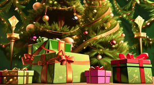 gifts under a sumptuous Christmas tree at the left edge of a green wallpaper 