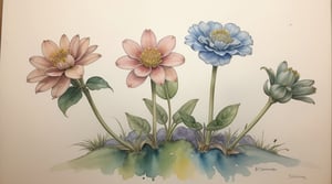 watercolours, flowers growing aspiring to be taller but short, low on the bottom edge of the picture, few colours, raffinate, elegant, sinuous 