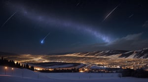 One single Comet, night sky, old ancient Bethlehem, winter