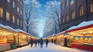 spacious light blue luminous sky, winter, Christmas decorations and markets, empty in the middle, daytime