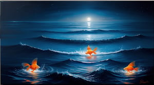 the deep dark blue sea in night with a one single bright slim small goldfish in the left, calm, art paiting, oil painting 