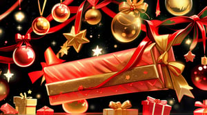 solid red, gold background backdrop, Christmas bubbles, gifts, candies, sweets, garlands, stars, decorations at the edges, sumptuous, shiny, no things in the middle