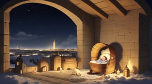 Poor little newborn baby boy sleeping in a small manger, winter, nimbus. On the background Bethlehem 