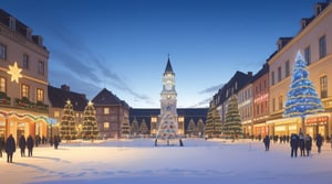 Light blue luminous sky of a Spacious town square, winter, Christmas decorations, empty in the middle, daytime