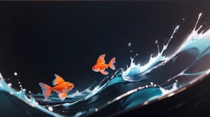 the deep of a dark blue or black sea in night with one single slim small shining goldfish with small black eyes, art paiting style, oil painting, pastel