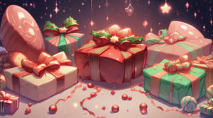 solid red  background backdrop, Christmas bubbles, gifts, candies, sweets, garlands, stars, decorations at the edges, sumptuous, no things in the middle