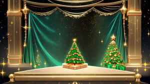 gold full solid backdrop, at the base some gift that don’t exceed half the picture. a single big green Christmas tree at the left, not fully visible, left 2/3 of th backdrop empty 