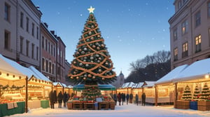 Light blue luminous sky of a Spacious small town square, winter, Christmas decorations and markets, empty in the middle, daytime, one single small Christmas tree