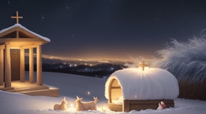 an image of a winter night, featuring a newborn baby with closed eyes lying on hay inside a humble manger. Add a nimbus over the baby's head to symbolize a divine presence. Set the scene against the backdrop of Bethlehem, creating a peaceful and serene atmosphere.