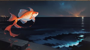 the abyss of a dark blue or black sea in night with one single slim small goldfish shining, art paiting, oil painting, pastel