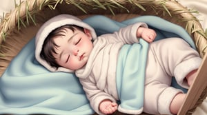 Baby boy eye closed, humble small blanket, sleeping in a manger made of hay. Winter. God