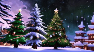 gifts on snow, one sumptuous Christmas tree at the left edge, night sky 