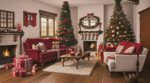 Christmas tree big, chimney, comfy lovely living room with Christmas decorations, wooden_floor, many gifts, many sofas, old money 