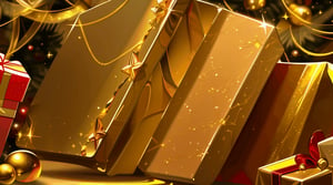 gold solid background, gifts at the bottom of a gold solid wallpaper and Christmas tree at the left edge