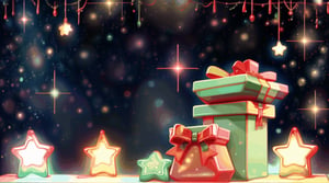 christmas festival red background backdrop, Christmas small gold bubbles, small gifts, small candies, small sweets, small garlands, small stars and small comets, small snow flakes decorations at the edges, sumptuous, shiny, no things in the middle, vivid Christmas colours, red, green, gold, big space in the middle