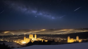 One single Comet, some little stars, night sky, old ancient Bethlehem, winter