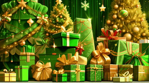 green solid wallpaper with gifts under on the bottom and single Christmas tree at the left edge