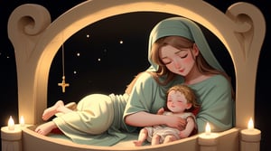 Imagine a serene scene at the manger, with baby Jesus lying peacefully, his eyes closed. Surrounding him are warm hues, gentle light, and a tranquil atmosphere, capturing the essence of the nativity scene.