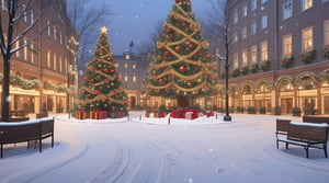 Spacious town square, winter, Christmas decorations, empty in the middle, daytime