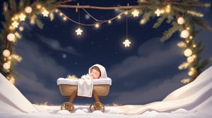 a scene of Jesus baby in a manger with just hay, wrapped in a blanket, his eyes closed, and a nimbus overhead. Set the backdrop to a serene winter night, capturing the simplicity and tranquility of the moment.