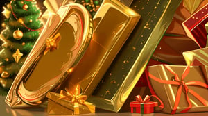 gold solid background. some gifts at the bottom and a single Christmas tree at the left edge