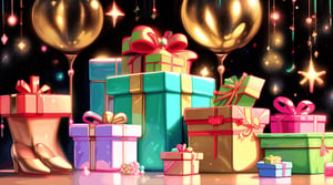 solid red, gold background backdrop, small Christmas bubbles, gifts, candies, sweets, garlands, stars, decorations at the edges, sumptuous, shiny, no things in the middle, vivid colours  