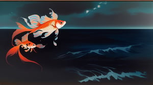 the deep of a dark blue or black sea in night with a one single bright slim small shiny goldfish in the left of the paiting, art paiting, oil painting, pastel