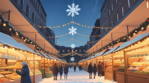 Light blue luminous sky, winter, Christmas decorations and markets, empty in the middle, daytime