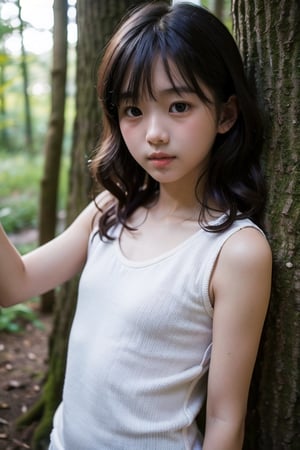 (((deep in the woods))),(looking at the audience),
(((Only the face enters the camera))),
人：1 korean young girl,Pure and restrained young girl,(((young girl of elementary school age))),A young girl of primary school age,(a very beautiful and innocent young girl),(10 years old),
優：High resolution, realistic and delicate high texture,Warm and delicate texture,Warm and delicate skin texture,
體：The body of a reasonable young girl,(child's body:1.3),
髮：(bangs),(long hair),(curls),