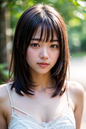 (((deep in the woods))),((looks at viewer)),(((Only the face enters the camera))), (Focus on the face),
人物：a korean girl,Pure and lovely korean girl,small breasts,
優化：(((Realistic and delicate high-resolution structure: 1.4, Realistic and delicate high-quality structure: 1.4))),Photo taken with Canon EOS 5D Mark4 and SIGMA Art Lens 35mm F1.4 DG HSM, F1.4, ISO 200 Shutter Speed 2000,(Masterpiece, high quality, meticulous and delicate),
頭髮：(bangs),((medium length hair)),
服飾：(((Spaghetti strap sleeveless low-cut sheer dress with lace pattern))),